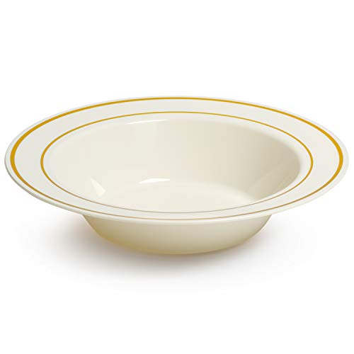 Gold Rimmed Ivory Bowls - 12 ounce - 50 Count - Hard Plastic - Disposable or Reusable - Dessert Bowls - Salad Bowls- Cereal Bowls - Pasta Bowls - Great for all events! Get a FREE Bonus Recipe E-book!