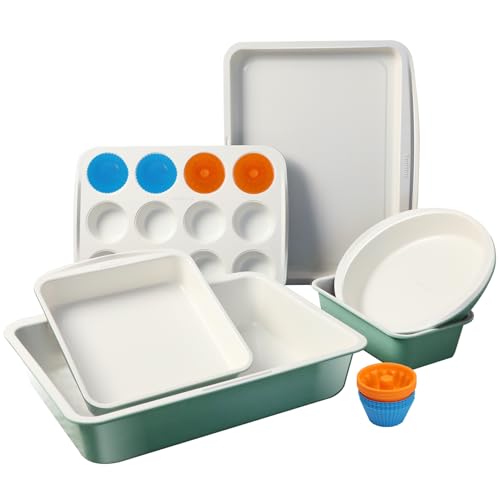 Ymiton Ceramic Nonstick Baking Pans Set, Non Toxic 30 PCS Stackable Bakeware Sets, 550°F Oven Safe Baking Sheet & Pans, Warp-Free, Dishwasher Safe, PTFE/PFOA/PFOS-Free (Green)