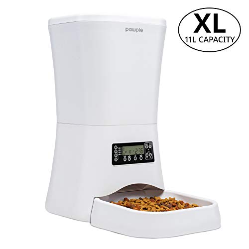 Pawple Automatic Pet Feeder Food Dispenser for Cats, Dogs, Small Animals – Features Distribution Alarms, Portion Control & Voice Recording -Programmable Timer Up to 4 Meals a Day,11L Capacity