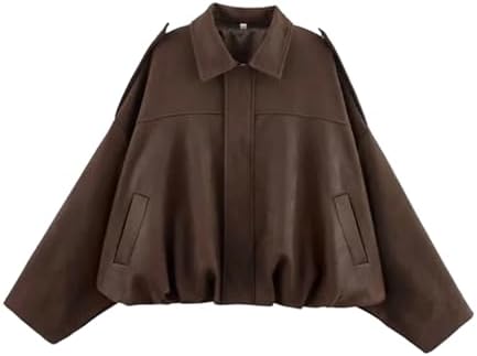 FindThy Women's Oversized Faux Leather Jacket Casual High Collar
