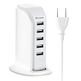 USB Charger 5 Port 5 Feet Cord Socket, Kasonic Universal 6A 30W Portable Hub Desktop Wall Charging Multi Ports Rapid Adapter Vertical Station(White-196)