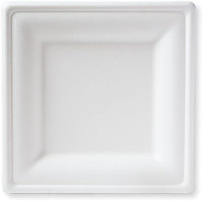 Susty Party 10-Inch Compostable Square Plates, 50-Count, Sugarcane Fiber (Bagasse) Tree-Free Heavy Duty Disposable Biodegradable Plate for Dinner, White - Pack of 4