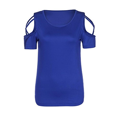 Quartly Women Fashion Strappy Cold Shoulder Tees Shirt Stripe Baggy Tops Loose Summer T-Shirt Pullover Casual Blouse (S, Blue)