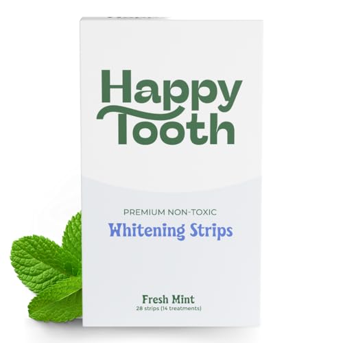 Happy Tooth Natural Teeth Whitening Kit, Strips for Sensitive Teeth, Enamel Safe, Dentist Formulated, Fluoride Free, Natural Ingredients, Gentle Daily Use, 28 Strips, 14 Treatments, Fresh Mint Flavor