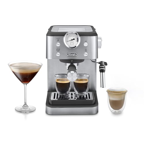 DeLonghi Siebtraegermaschine Classic EM450.M, Espressomaschine mit professionellem Milchaufschaeumer, Vollmetallgehaeuse, 15 Bar, 1,7 l Wassertank, Edelstahl/Metall