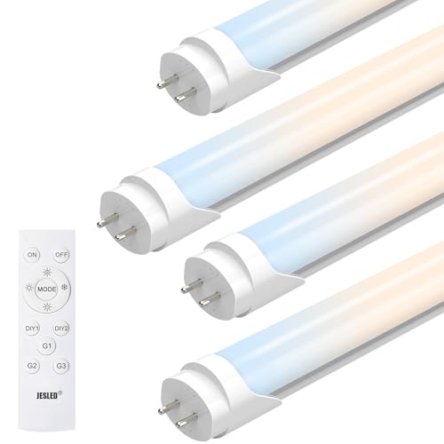 JESLED T8 T12 LED Tube Light Bulbs 4FT with Remote, Type B, 3200LM, 24W, Dimmable 4 Foot Fluorescent Tube Replacement, 3000K-6500K Adjustable Color Temperature, Ballast Bypass, Dual-Ended, ETL, 4-Pack