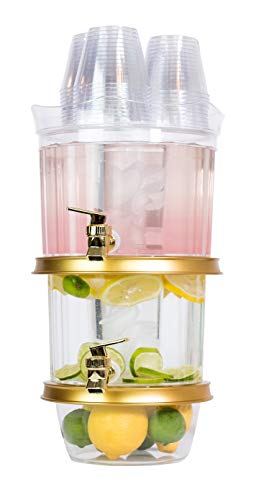Adorn Home - Crystal Clear 2-Tier Ice Beverage Dispenser | Outdoor/Indoor Drink Beverage Dispenser | 2-Tier, 3 Ice Chambers & 2 Gold plated Faucets | Decorative,Stylish Lid Cover and Cup Tray