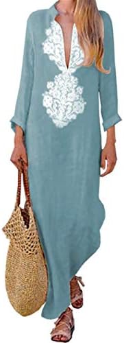 CRYYU Women Islamic Abaya Muslim Kaftan V Neck Long Sleeve Maxi Dress