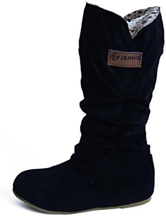 Woman knee High Boots Flat Side Pleat Nubuck Motorcycle Suede Boot Autumn Winter Shoes (US:6, Black)