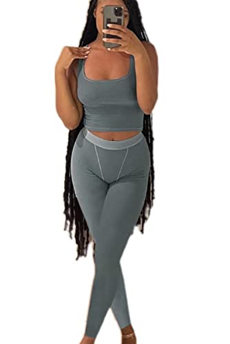 AYWA Casual Workout Sets Two Piece Outfits for Women Ribbed Crop Tank Top High Waist Leggings Active Wear