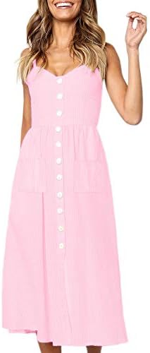 Umeko Womens Summer Button Down Dresses Spaghetti Strap Swing Sexy Beach Midi Dress with Pockets