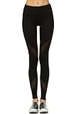 Mono B Women's Stretch Knit Athletic Leggings with a Sheer Mesh M Black