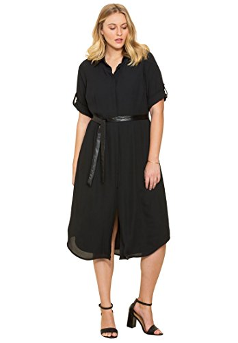 Roamans Women's Plus Size Faux Leather Safari Dress Black,20 W