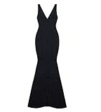 Hego Women's 2016 New V Neck Fishtail Sexy Solid Black Bandage Bodycon Formal Dresses Long H2609