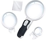 LED Illuminated Magnifying Glass Set. Best Magnifier with Lights for Seniors, Macular Degeneration, Maps, Jewelry, Coins, Watch & Computer Repair, Hobbies, Stamps (3-Lens (2.5X + 5X + 16X))