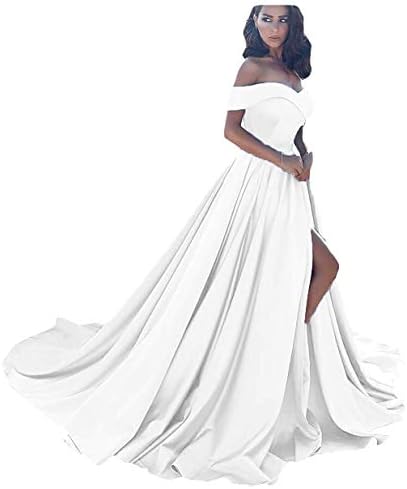 homdorOff Shoulder Satin Prom Dresses Ball Gown Plus Size Formal Dresses for Women Wedding Dress with Slit