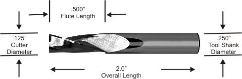 2L inc. Diamond Coated End Mill for Cutting Aluminum, Solid Carbide, Single Flute, 1/8" Cutter Dia., 1/4" Shank Dia., .500" Flute Length, 2.0" OL, Made in the USA, Part No. AE1-125-2D