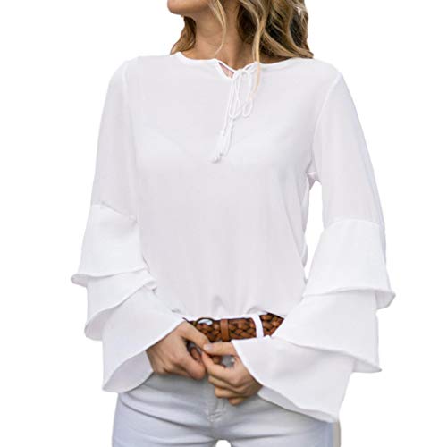 Misaky Women 's Fashion Casual Bell Sleeve Loose Tassel Loose Tops T-Shirt Blouse (White , Large)