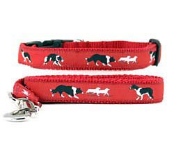 Border Collie Dog Collar and Leash Set - Red
