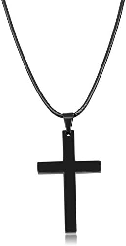 Ckysee Jewelry Leather Rope Chain Stainless Steel Black Cross Pendant Necklace for Men or Women