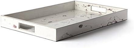 Carla Carstens Vintage Stone White and Taupe Gray Marble Acrylic Large Tray with Cutout Handles | Vanity Tray Cosmetic Jewelry Storage Handmade Rectangle Ottoman Catchall Serving