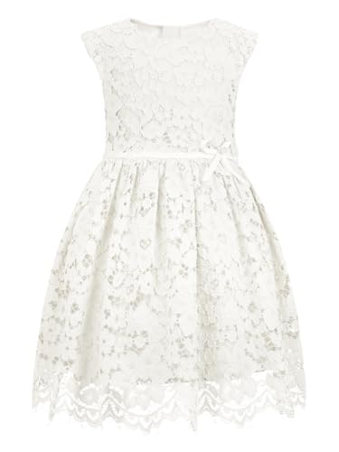 ALLOVIN Pizzo Senza Maniche a Linea A per Bambine e Toddler, Festa, Compleanno, Matrimonio e damigella con fiocco con perline, 2-12 Years