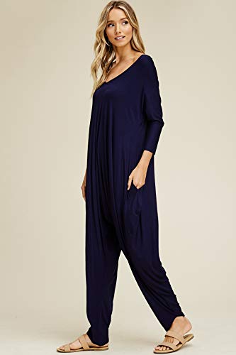 Annabelle Women's Solid Harem Pant Long Sleeve Jumpsuits Navy Small J8002