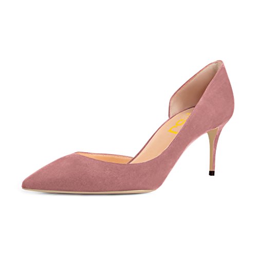 FSJ Women Basic Slip on D'Orsay Pumps Low Heels Pointed Toe Faux Suede Office Dress Shoes Size 9.5 Dusty Rose