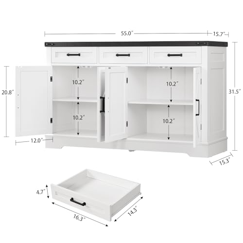 FIONESO 55”W Buffet Cabinet with 3 Large Drawers & 2 Adjustable Shelves, Farmhouse Sideboard Cabinet, Coffee Bar, TV Stand, for Kitchen,Living Room, White,40×140×80CM