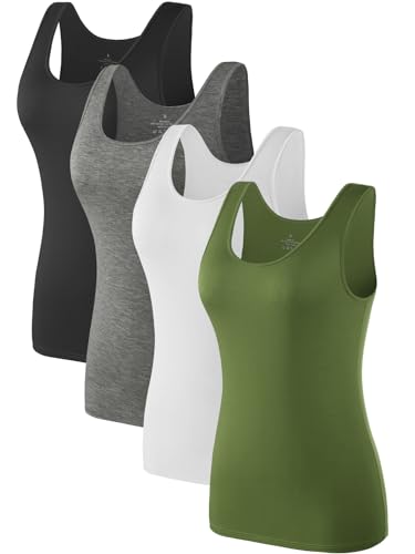 Komfokore 4Pcs Tank Tops Für Damen Ärmelloses Unterhemd Schichtung Tanks Schwarz/Dunkelgrau/Weiß/Armeegrün M