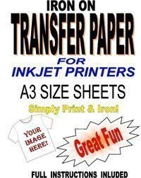Inkjet Printable Iron On T Shirt & Fabric Transfer Paper for Light Fabrics 10 A3 Sheets