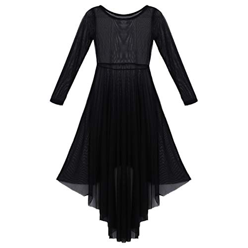 dPois Big Girls' Long Sleeve High-Low Hem Lyrical Praise Dance Mesh Dress Liturgical Dancewear Black 12 - Thumbnail 6