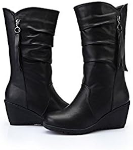 Hello 999 Black Leather Boots for Women. (7,(23.5 cm), Black Wedge)