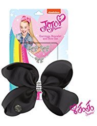 JoJo Siwa Signature Collection Black Hair Bow With Overall Rhinestones and Studded Bow Pendant Earrings and Necklace Gift Set With Sticker Patch