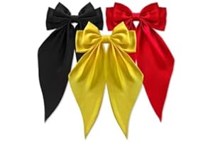 Loqpol 3 PCS Silky Satin Hair Bows, Oversized Long Tail Bows with Barrette Clips, Coquette Hair Accessories for Women and Girls (Black - Red - Bright Yellow)