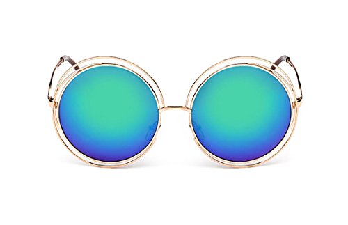 SojoS SJ1005 Double Circle Round Mirror Lenses Shiny Metal Women Sunglasses With Gold Frame/Green lens