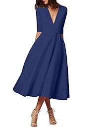 YMING - Vestido largo de cóctel para mujer, cuello en V, manga 3 4, vintage, plisado