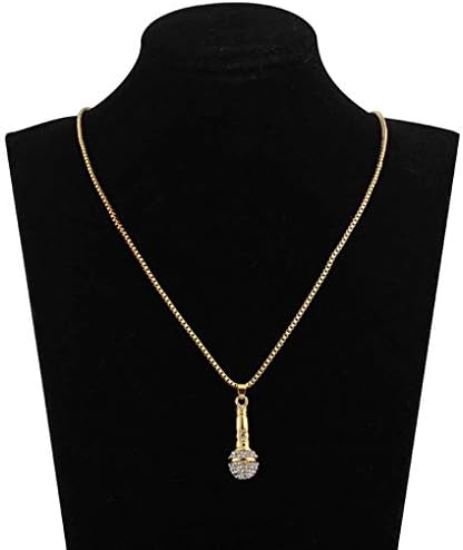 OmkuwlQ Men Women Microphone Rhinestone Pendant Necklace Music Gold Color Rope Chain Gift Crystal Alloy Jewelry
