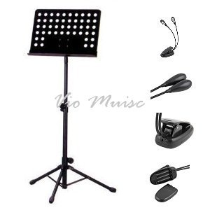 Metal Music Stand, Tripod Stand Holder and Clip 2 Arm 4 LED Book Reading Music Stand Light Lamp