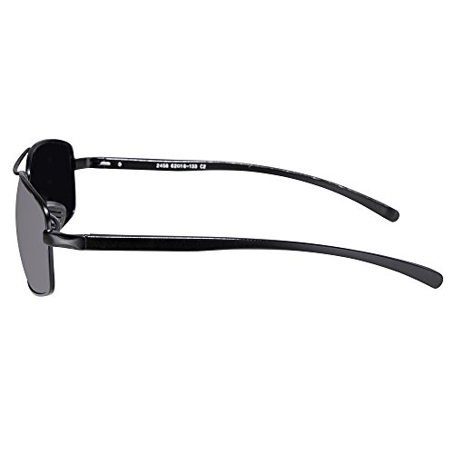 SUNGAIT Ultra Lightweight Rectangular Polarized Sunglasses 100% UV protection (Black Frame Gray Lens, 62) Metal Frame 2458 HKH