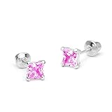 925 Sterling Silver Rhodium Plated 3, 4,5mm Pink Princess Cut Cubic Zirconia Screwback Girls Earrings