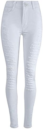 LIYT Women's Stretch Slim Fit Ripped Jeans White Denim Skinny Pants Pencil Pants Trousers
