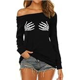 COLORFUL BLING Halloween Skull Shirts Long Sleeve Skull Graphic Print Slouchy Shirt Crewneck Pullover for Women