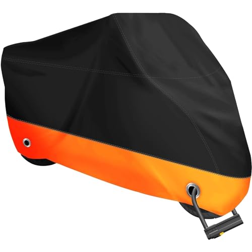 EASYBUYTECH Motorcycle Cover,Motorbike Cover All Season Universal Weather Waterproof Sun Outdoor Protection with Lock-Holes & Storage Bag,Black and Orange 4XL Motorcycles Vehicle Cover