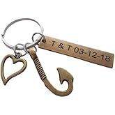 Custom Bronze Fish Hook Keychain with Heart Charm & Engraved Tag for Couples or Best Friends, Anniversary Keychain