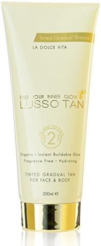 Lusso Tan Gradual Bronze Tan for Face and Body – 200ml, Organic, Vegan and Cruelty-Free Tinted Self-Tanning Body Lotion in Natural Golden Tan with Aloe Vera. Instant-drying, Streak-Free.