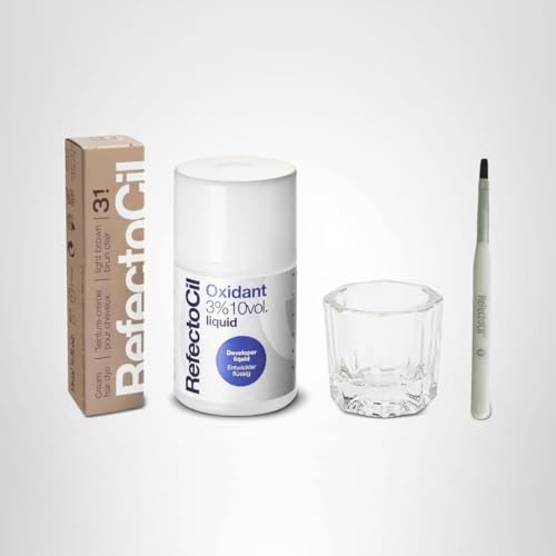 RefectoCil Light Brown (3.1) Hair Tinting Kit Includes Cream Hair Dye + Liquid Oxidant 3% + Mixing Brush & Mixing Dish