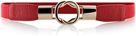 Women Fashion Elastic Skinny Leather Belt Gold Metal Buckle Dress Belt for Jeans Solid Color, Red1, XL(32"-42")
