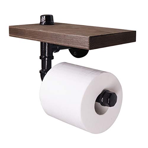 MINCORD Industrial Wall-Mounted Pipe Toilet Paper Holder with Rustic Wooden Shelf Cast Iron Pipe Hardware for Bathroom, Washroom, Black