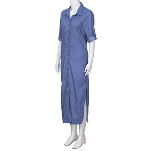 Minisoya Women Plus Size Long Sleeve Denim T-Shirt Dress Kaftan Tunic Pockets Split Casual Loose Party Long Maxi Dress (Blue, M)